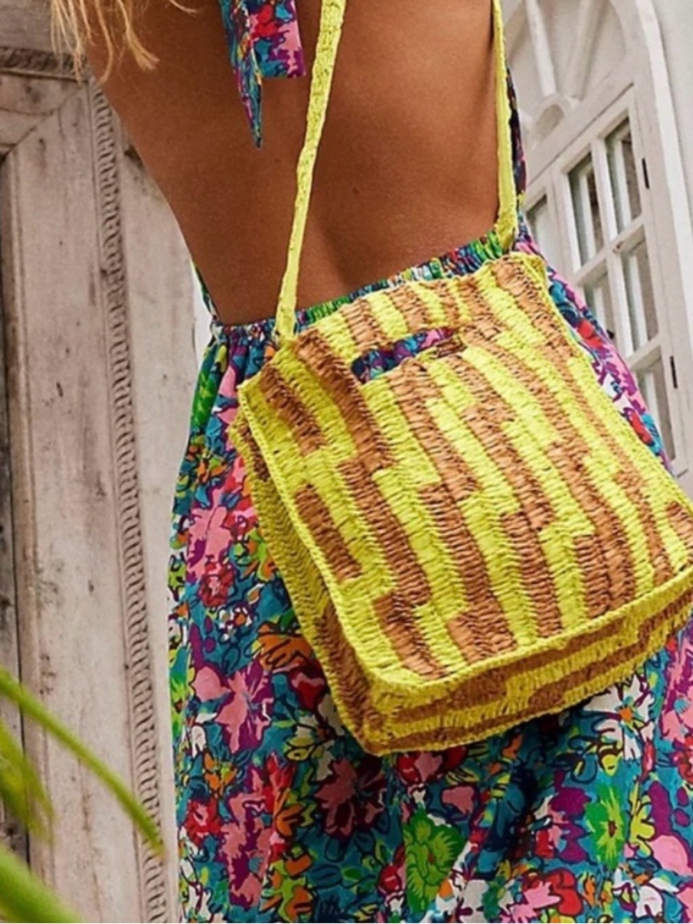 FREE PEOPLE NWT BRUNCH DATE CROSSBODY YELLOW & TAN STRAW